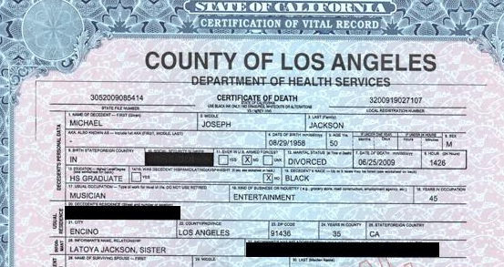 Michael Jackson death certificate preview