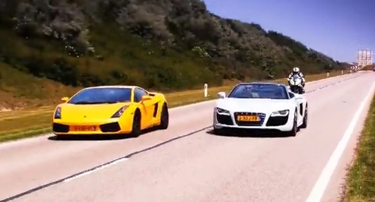 Audi R8 V10 Spyder vs Lamborghini Gallardo vs BMW S1000RR (VIDEO)