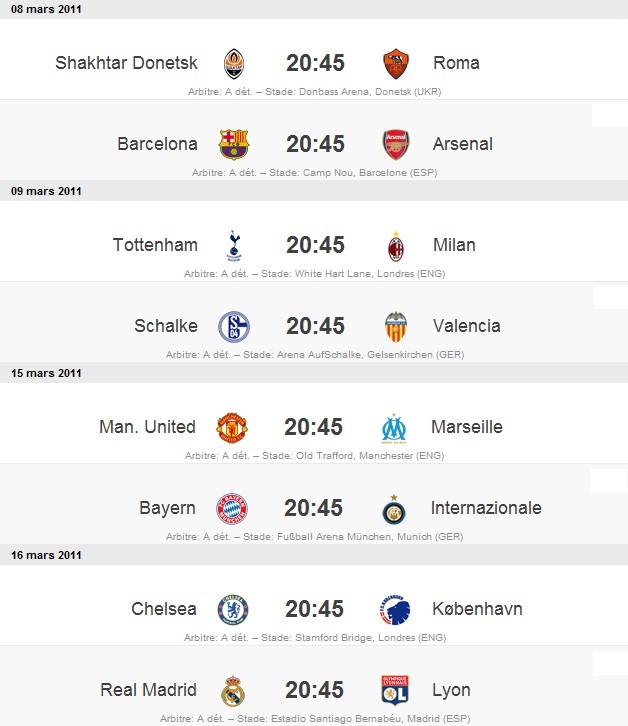 Ligue des champions programme 8e de finale retour